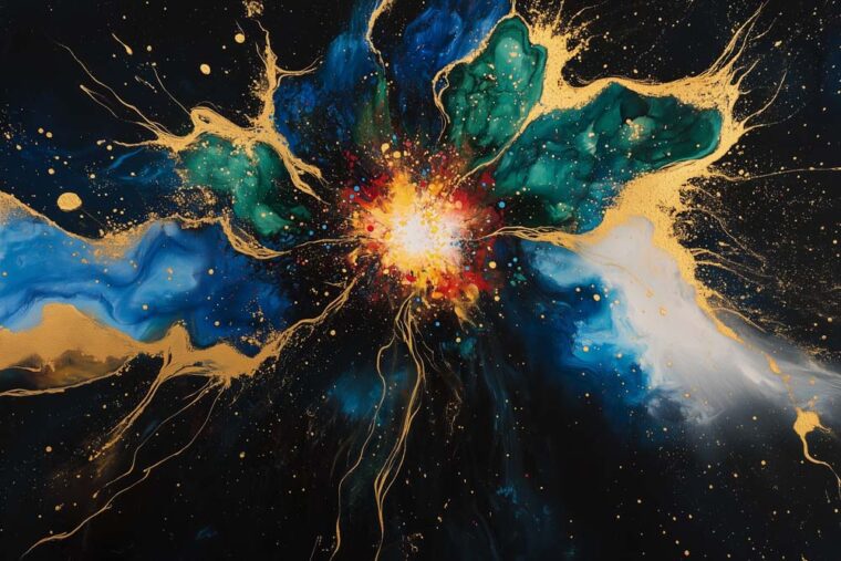 Artwork für Bahrain flüssige Farbe läuft ineinander in die Mitte und läuft zu einer Sonnenartigen Explosion zusammen auf schwarzen Hintergrund.