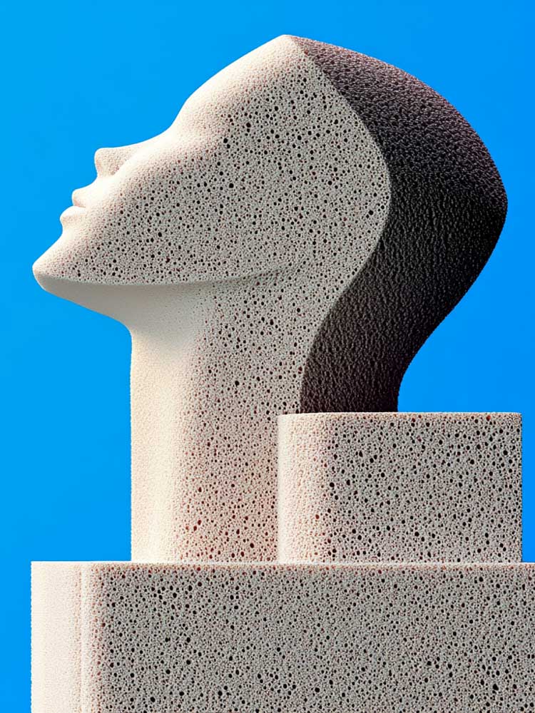 Eine Schaumstoff Skulptur im Hochformat als Ai Kunstwerk. Blauer Hintergrund, Fotostudio. Ein Gesicht blickt nach oben.