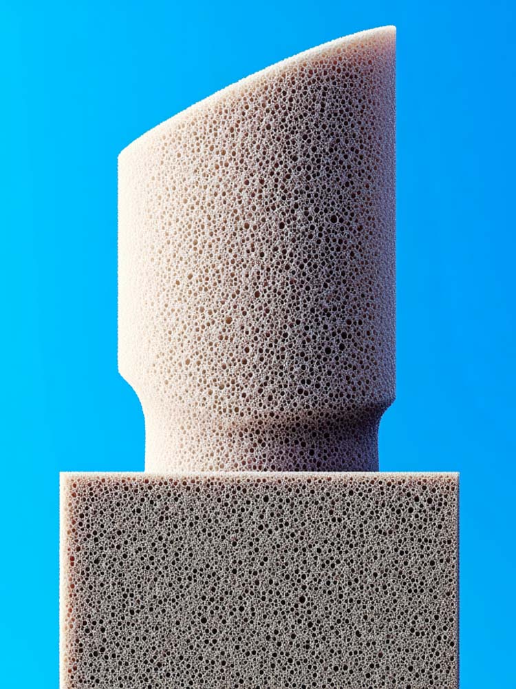 Im Studio fotografiert aber als generiertes Bild. Eine Schaumstoffsäule vor blauem Hintergrund ragt in die Höhe.