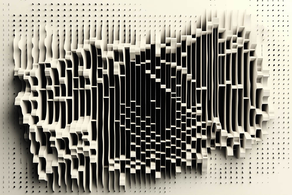 Ein Bild, welches aussieht wie eine 3D Skulptur. Ein AI Kunstwerk in schwarz weiss mit einer abhebenden Geometrie.